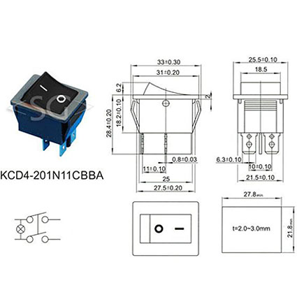 Переключатель KCD4-201 (KCD4-201N11CBKA) 16A 4pin BLUE light